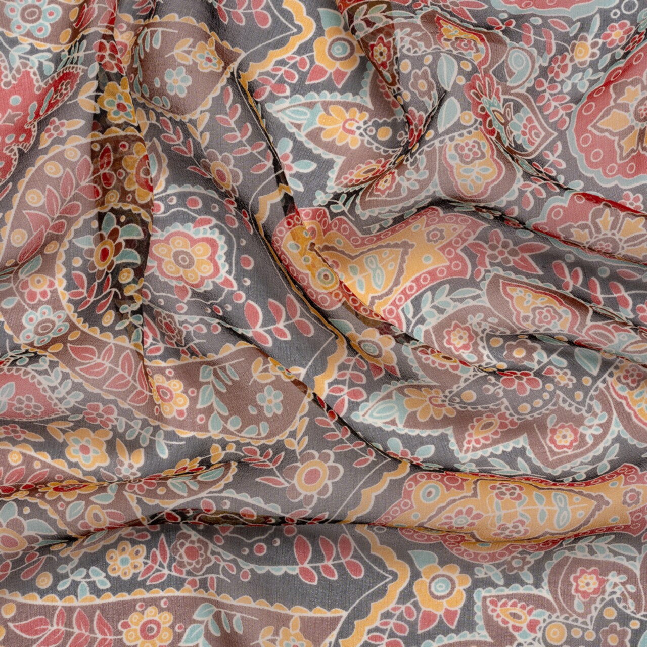 1 Yard Red, Brown & Goldenrod Floral Medallion Silk Chiffon Ornate Black Background, 54 Inches Wide